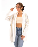 Sequin embellished shoulder and front soft knit cardigan in white