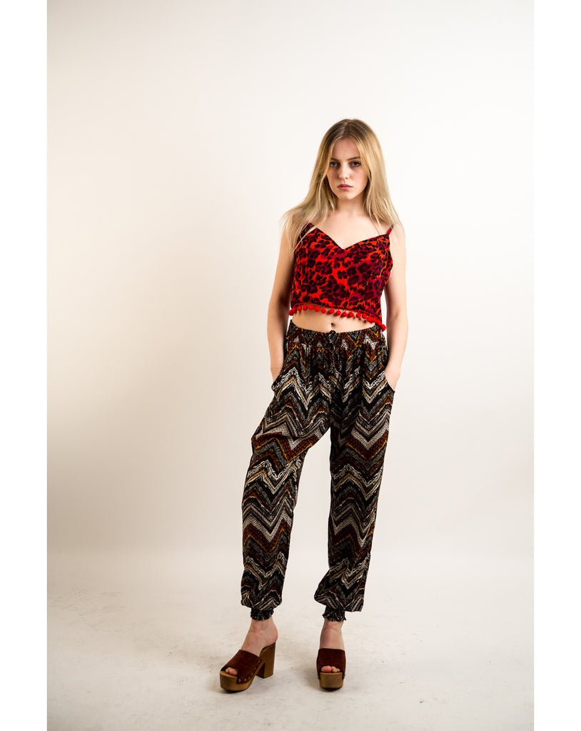 Aztec print elasticated waist Cotton Trousers (WINE)