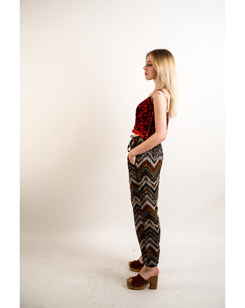 Aztec print elasticated waist Cotton Trousers (WINE)