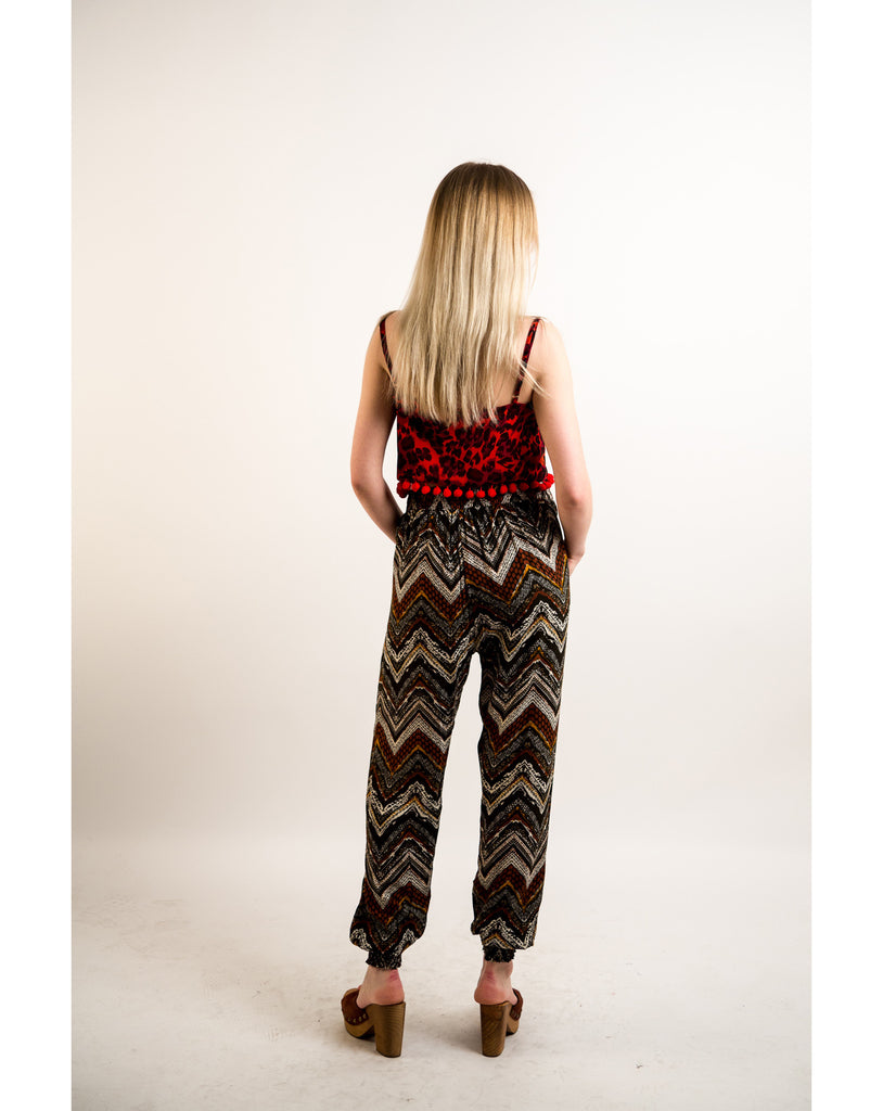 Aztec print elasticated waist Cotton Trousers (WINE)