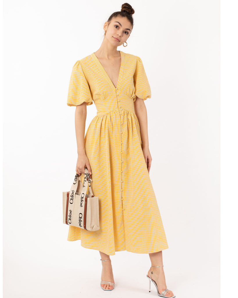 Check print Cotton Blend Puff sleeves midi dress in Yellow