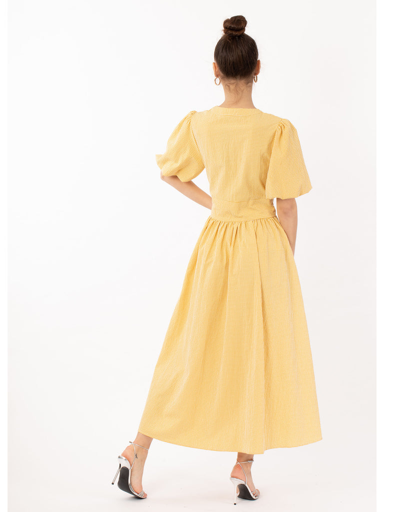 Check print Cotton Blend Puff sleeves midi dress in Yellow