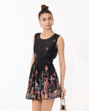 Floral jewelry print silky skater dress (BLACK)