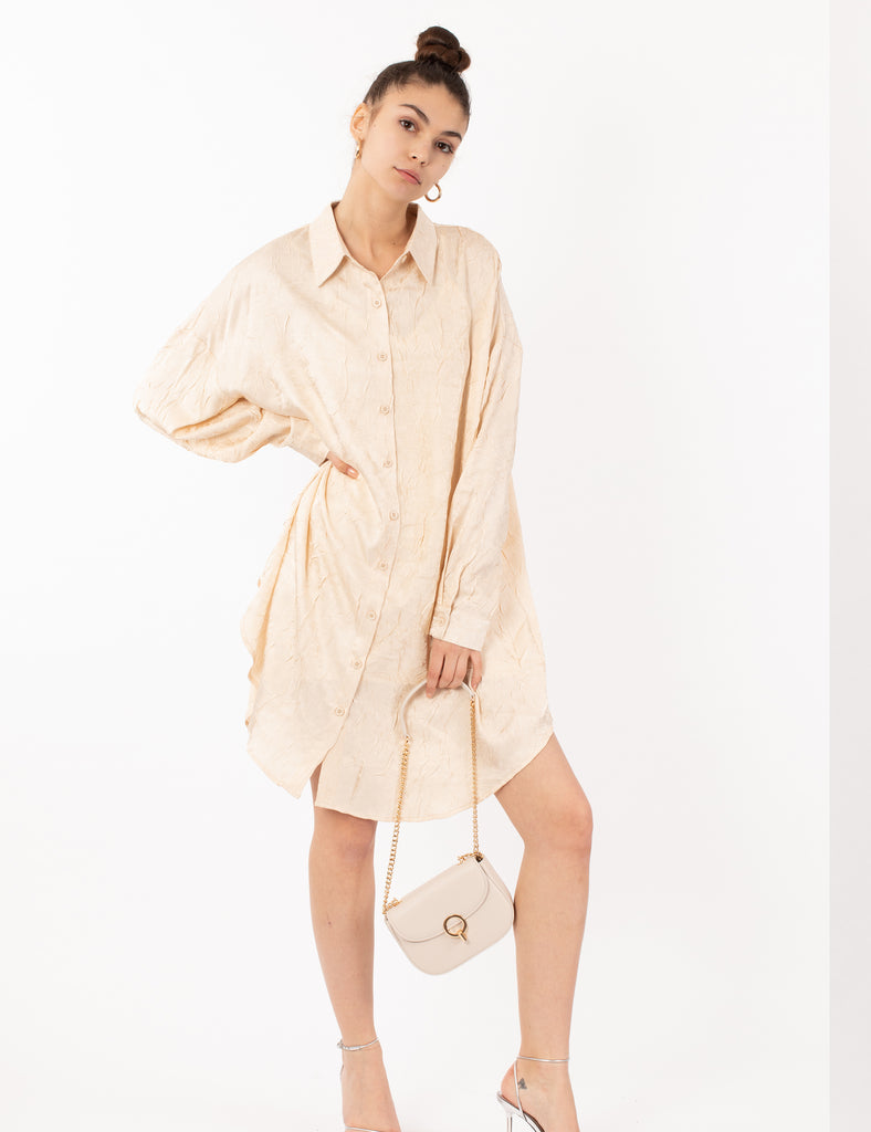 Oversized long shirt dress in textured jacquard design fabric beige color