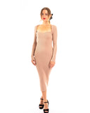 Soft Knitted Ribbed Midi Bodycon Dress Long Sleeve In Beige