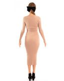 Soft Knitted Ribbed Midi Bodycon Dress Long Sleeve In Beige