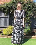 Lady Black Rose Print Chiffon Wrap Maxi Dress