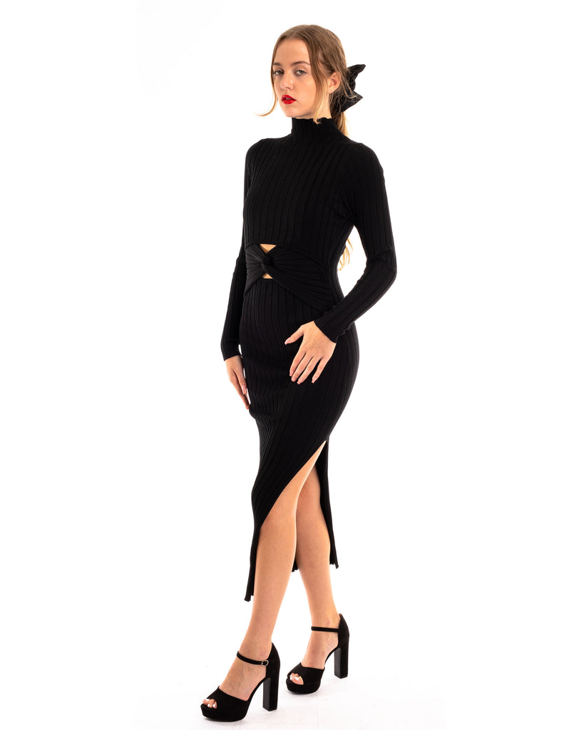 Soft Knitted Ribbed Midi Bodycon front OR back cut out design Dress In Black