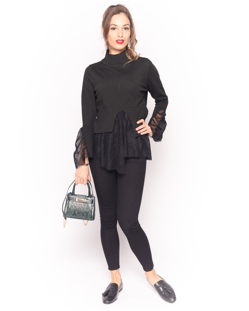Ruffle lace  sleeves soft knit plain color Jumper