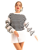 Multi layer ruffle sleeves black white color stripe jumper top
