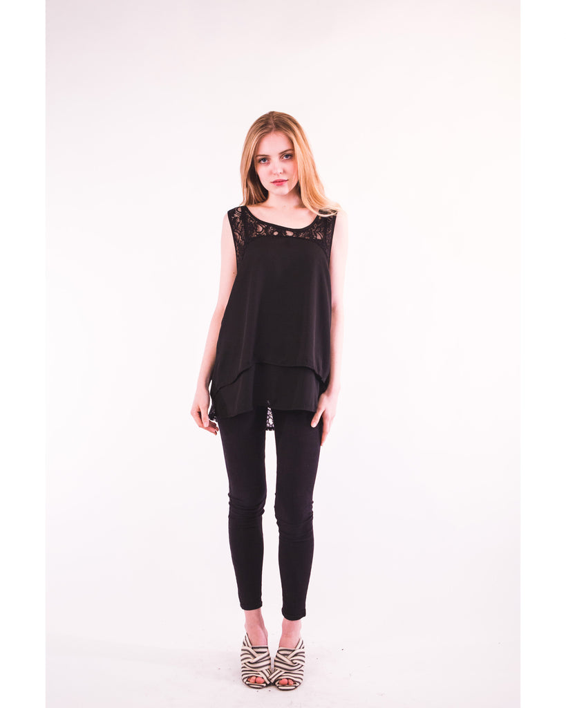 Floral Lace Chiffon Vest Top with Back Split (BLACK)