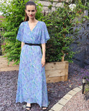 Lady Blue Floral Print Chiffon Wrap Maxi Dress