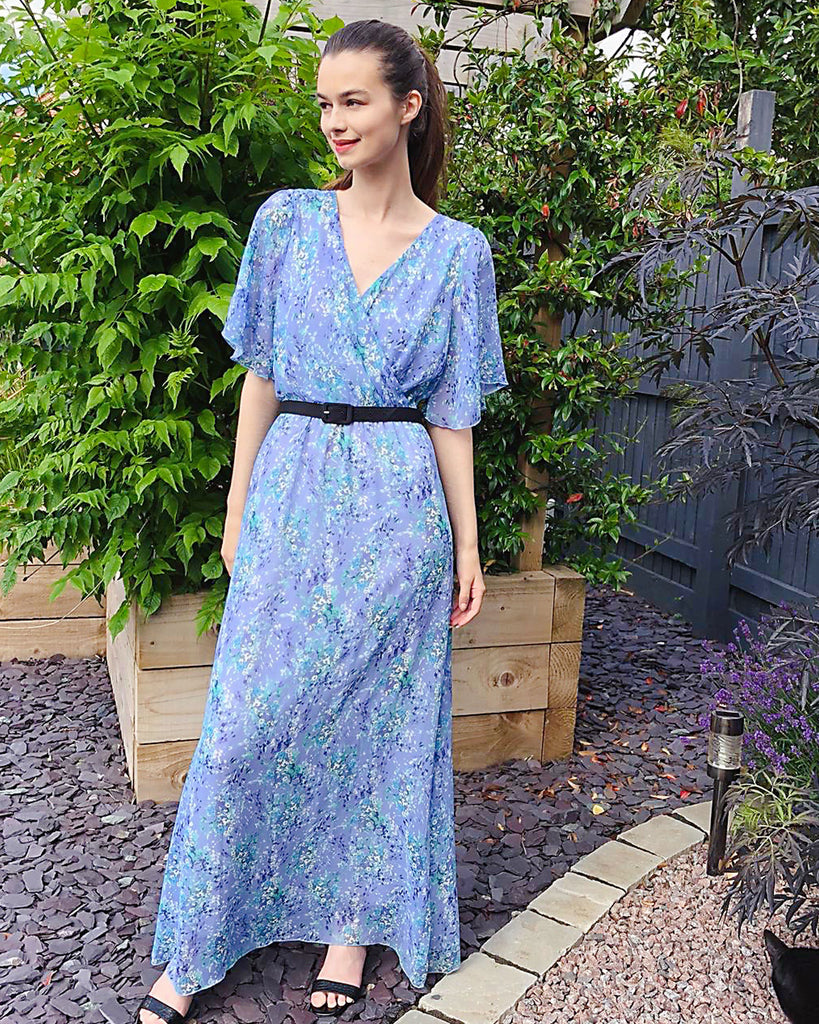 Lady Blue Floral Print Chiffon Wrap Maxi Dress