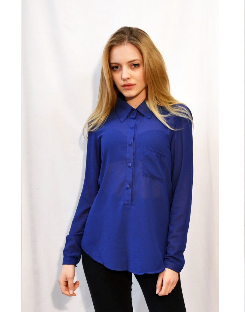 Plain Color Chiffon Shirt with Front Pocket (Royal Blue)