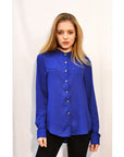 Mandarin Collar Plain color Chiffon Shirt (Royal Blue)