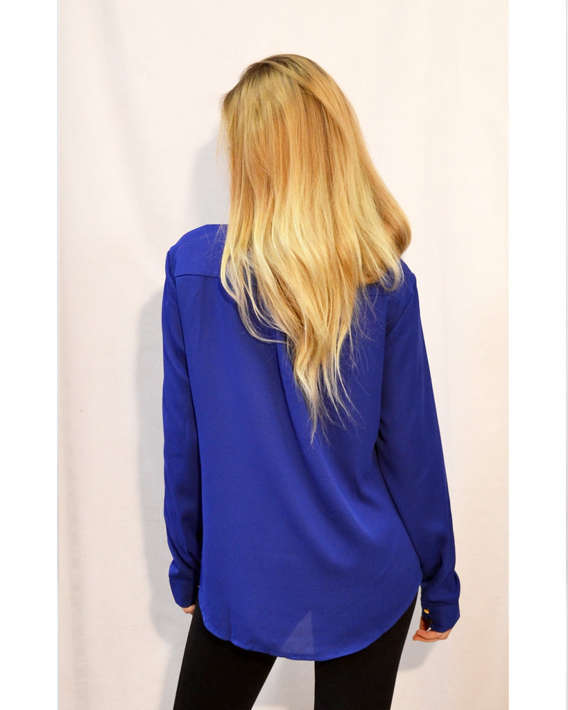 Mandarin Collar Plain color Chiffon Shirt (Royal Blue)