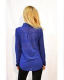 Plain Color Chiffon Shirt with Front Pocket (Royal Blue)