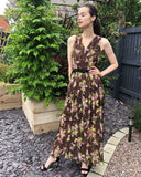 Chiffon Cross Wrap Maxi Dress in brown floral print