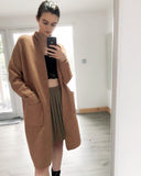 Oversized Boxy rib knit long cardigan with front pocket in brown