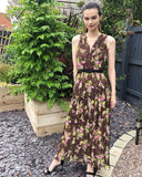 Chiffon Cross Wrap Maxi Dress in brown floral print