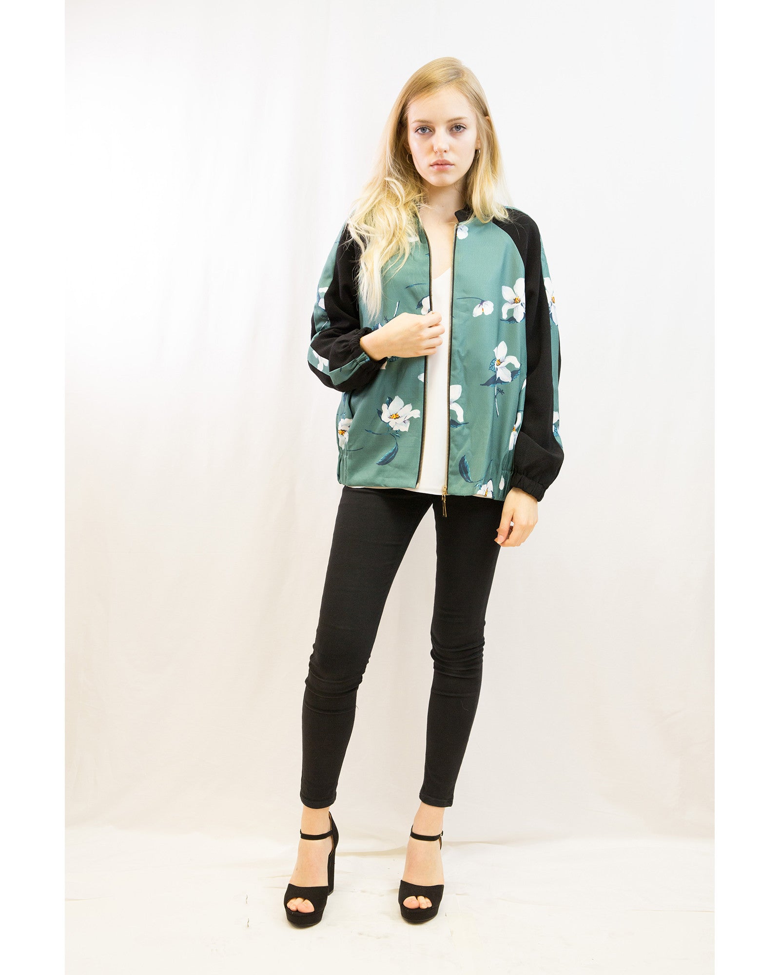 Floral Print Bomber Jacket (Green floral）