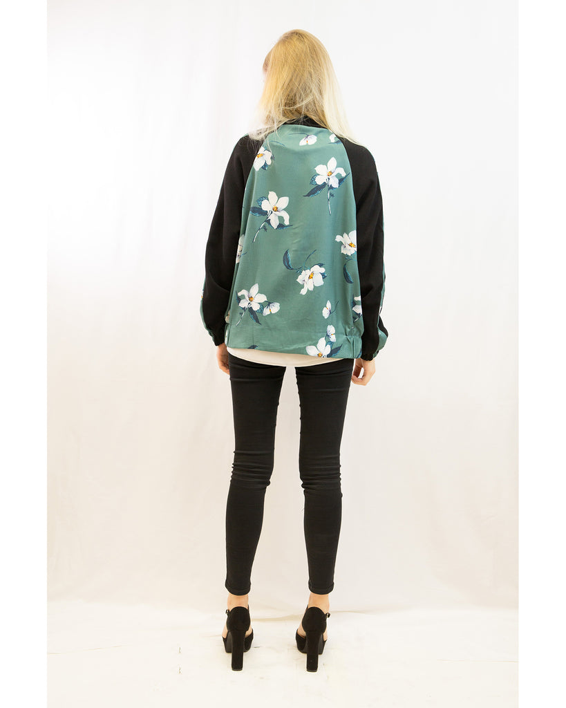 Floral Print Bomber Jacket (Green floral）