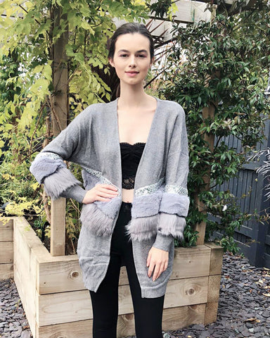 faux fur embllished with sequin design oversized cardigan in grey