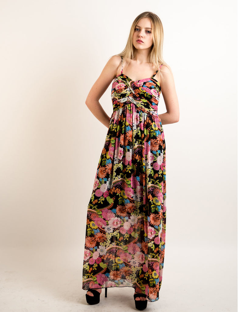 Floral print Chiffon Pleated Bust & Sweetheart Neckline Maxi Dress