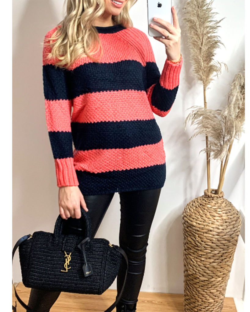 Color block stripe fine knit jumper
