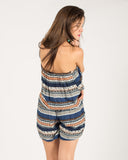 Aztec & stripe all over print cotton frill playsuits (DARK BLUE)