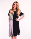 Mix stripe print cotton shift dress (BLACK)