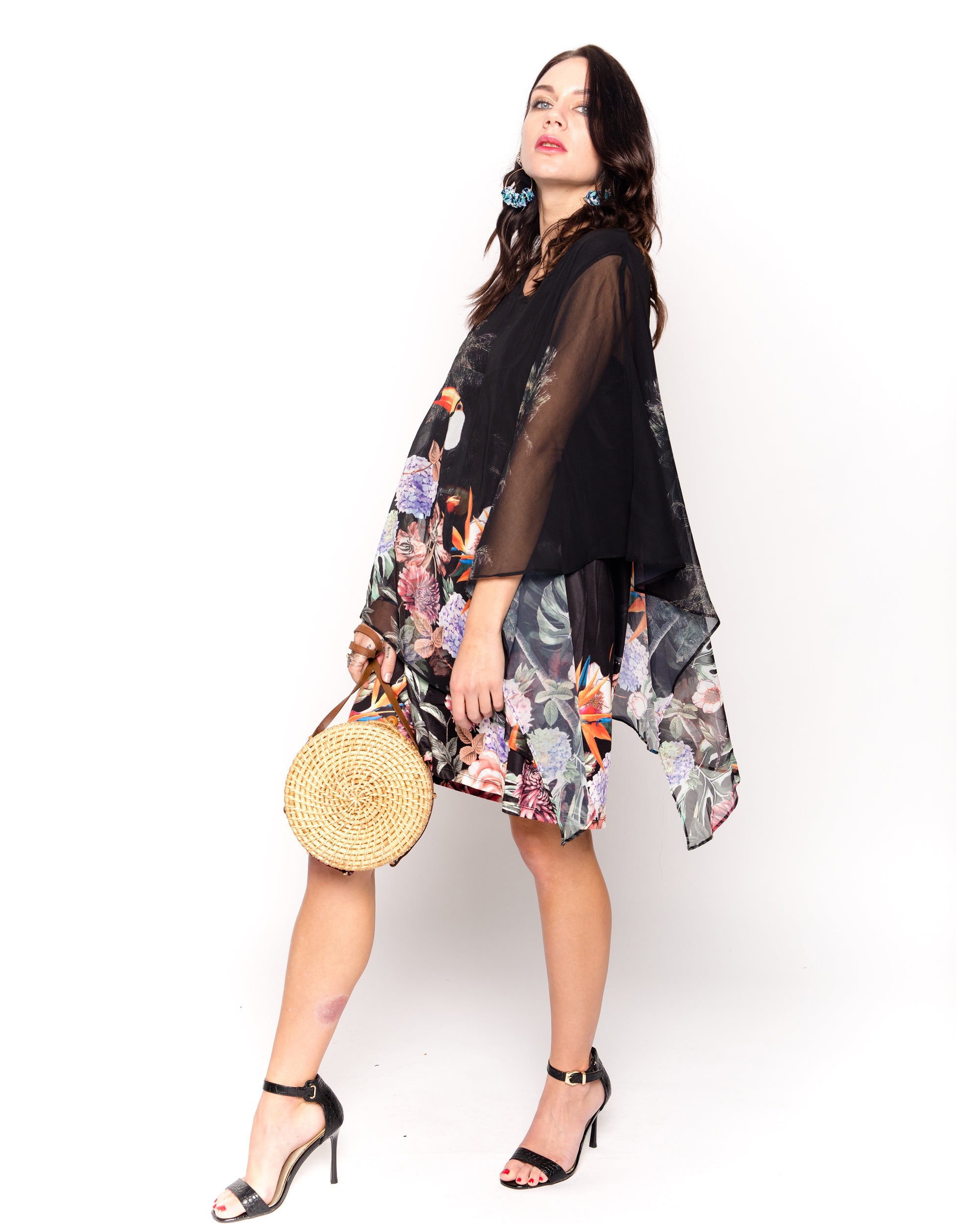 floral and bird print shift dress