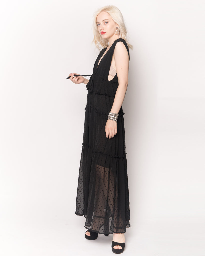 Deep V Neck Sleeveless Maxi Dress with Ruffles in Black Spot