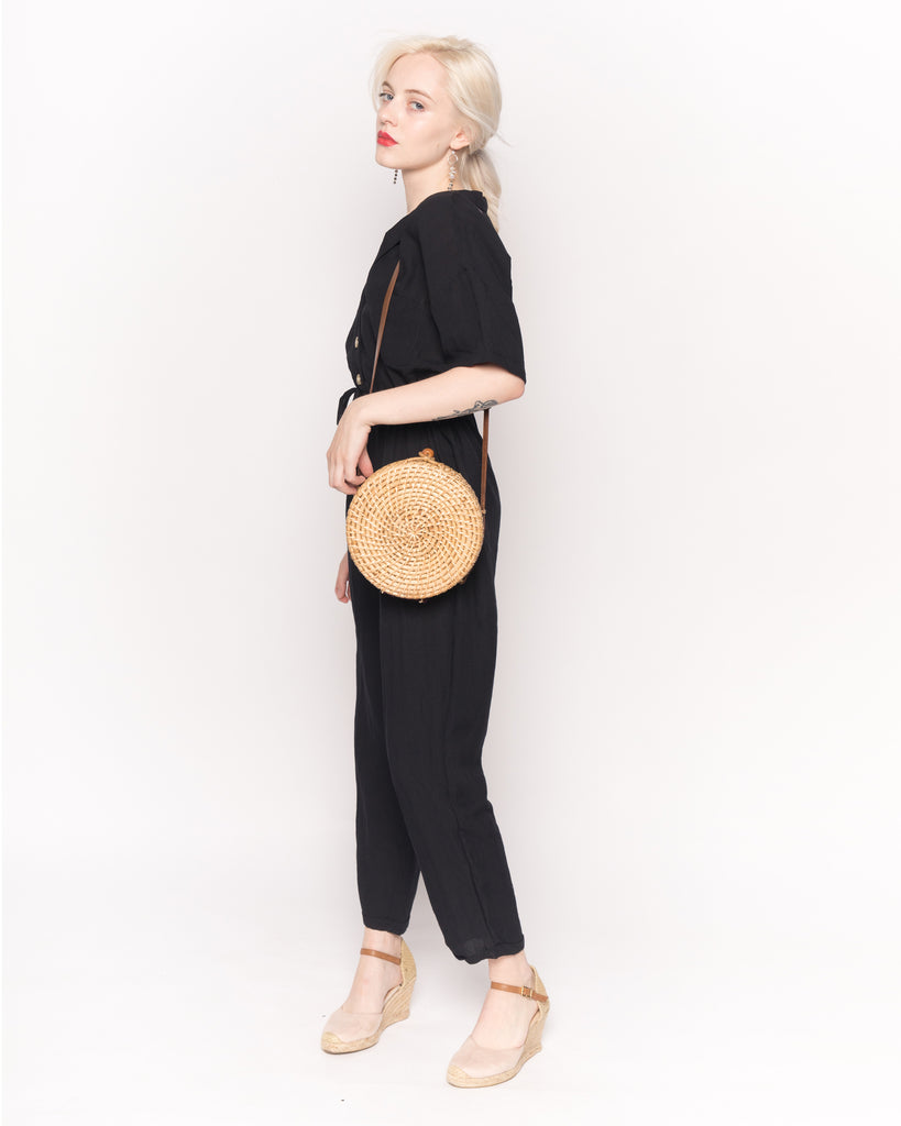 Cotton Short Sleeve Jumpsuits in Black