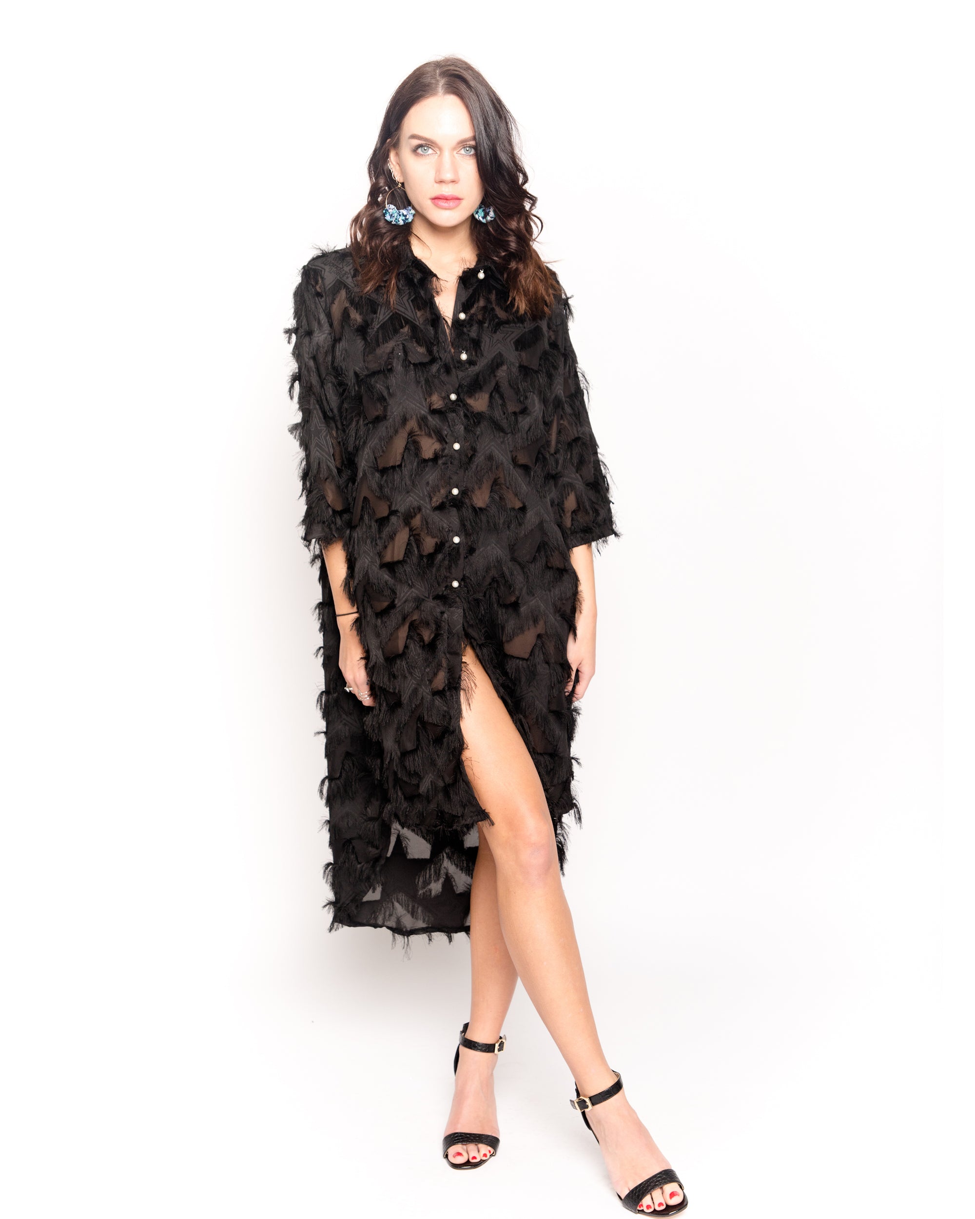 Feather look and star pattern shirt dress