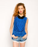 Floral Pattern Blue Crochet Vest Top