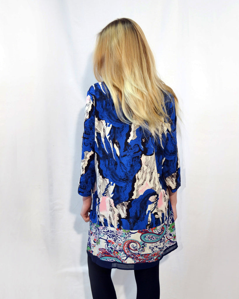 Multi Color Floral Print 3/4 Long Sleeves Cotton Dress (BLUE)