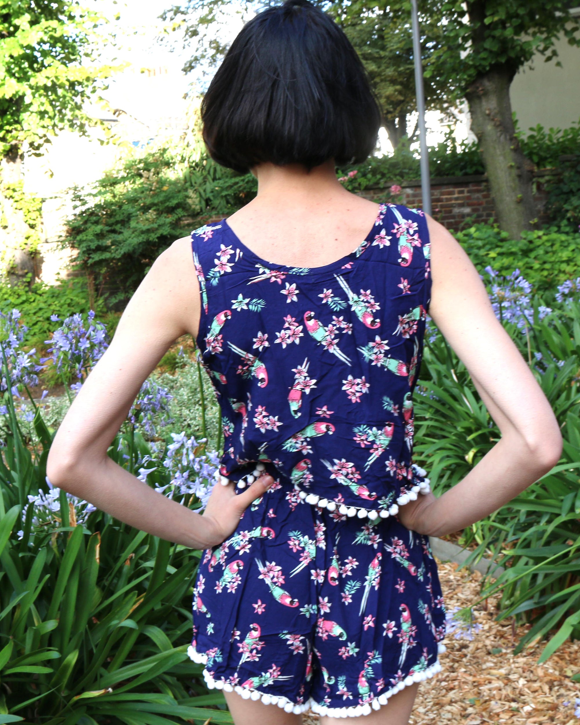 Parrot bird floral print tassel vest top and shorts suits co-ords (BLUE)