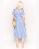 Short Sleeve V Neck Midi Dress in Blue and White Stripe