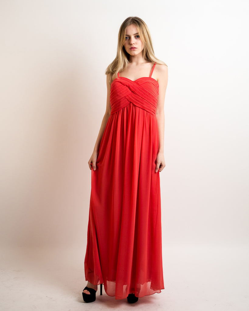 Pleated Bust & Sweetheart Neckline Maxi Dress (CORAL)