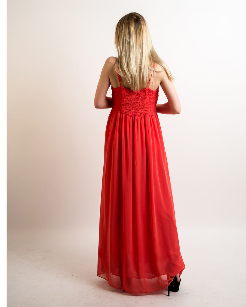 Pleated Bust & Sweetheart Neckline Maxi Dress (CORAL)