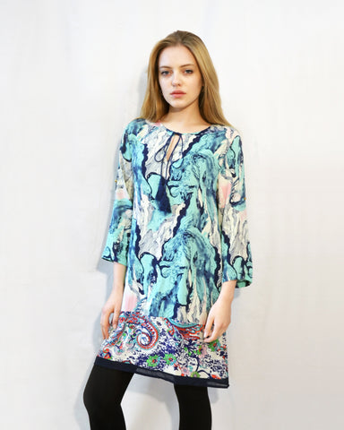 Multi Color Floral Print 3/4 Long Sleeves Cotton Dress (GREEN)