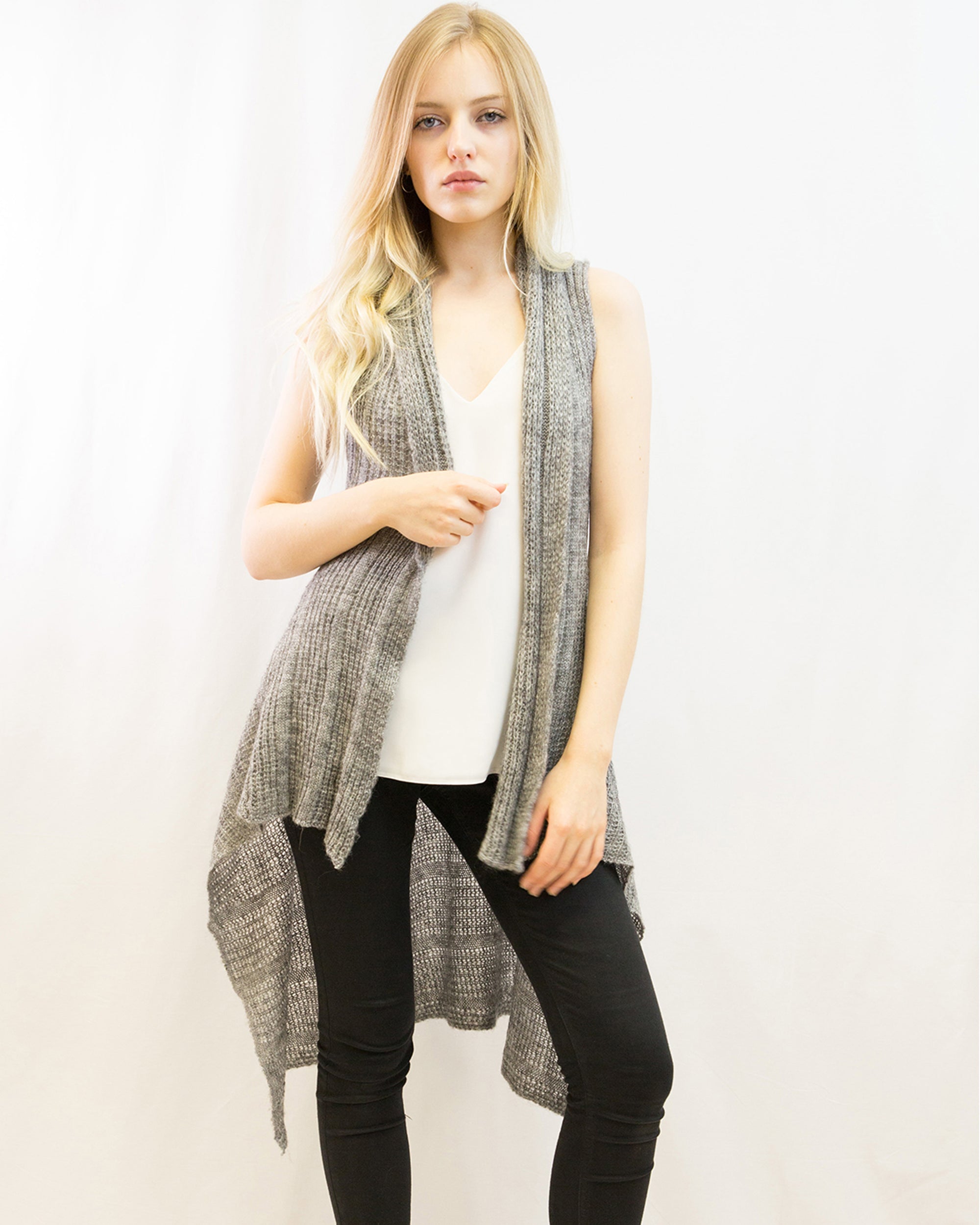 Sleeveless Wool Knitted long Cardigan(Grey)