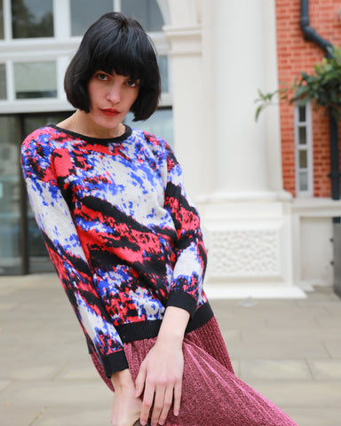 Multi color print brushed mohair knitted jumper (Red)