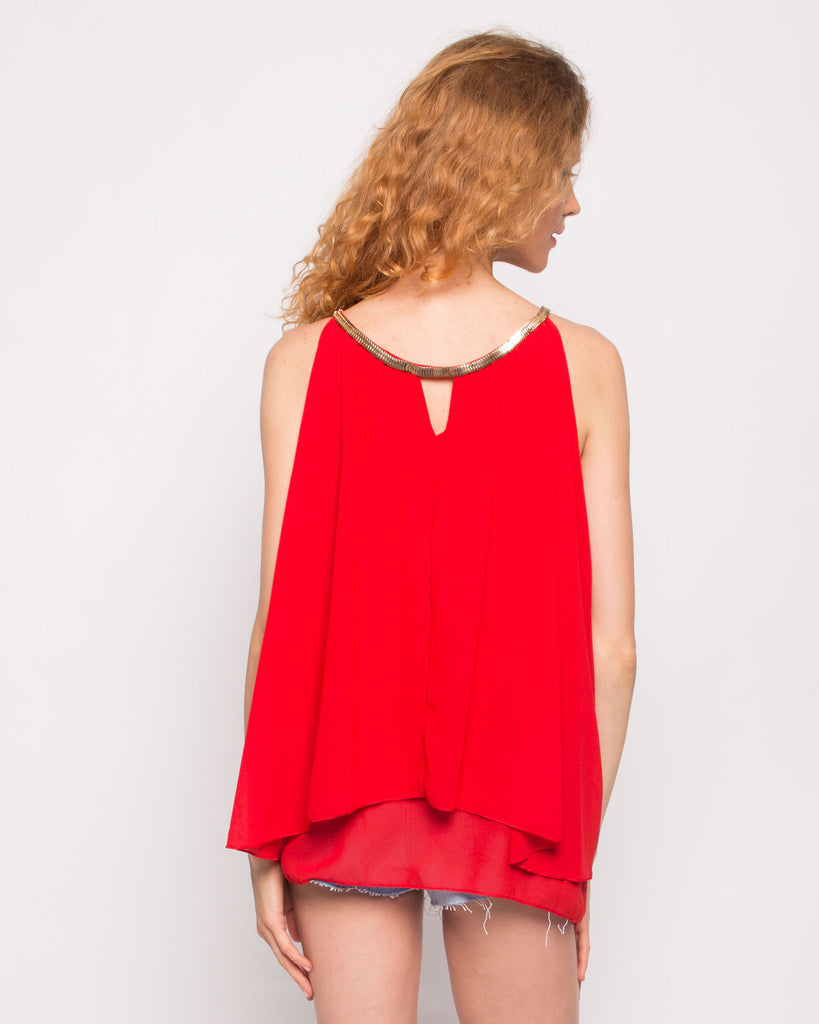 Gold Double Row Chain Necklace Chiffon Top (RED)