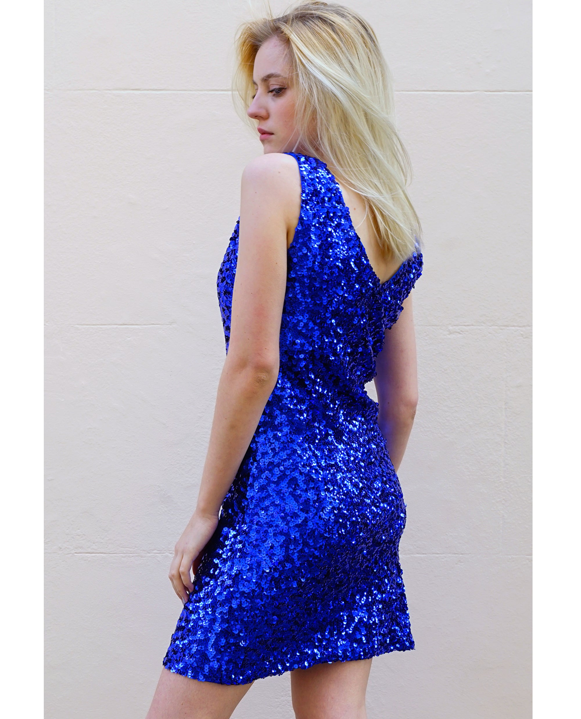 Plain color sequin V neck dress (Royal Blue)