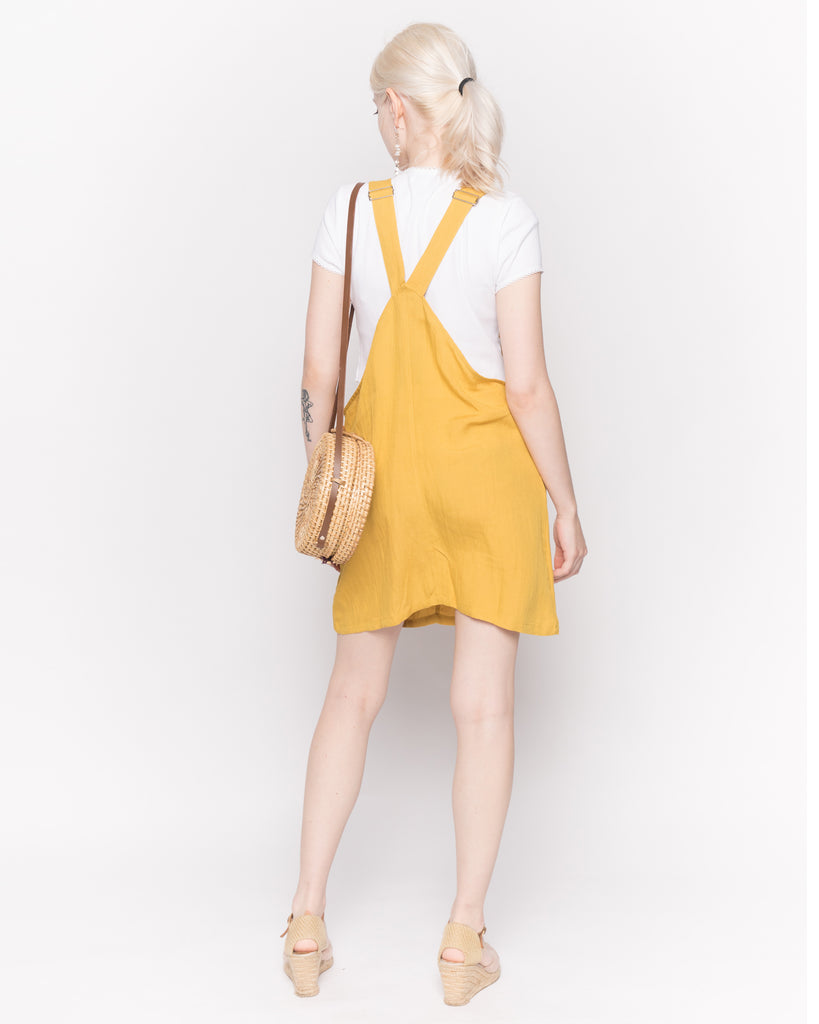 Linen Mini Pinafore Dress in Mustard Yellow