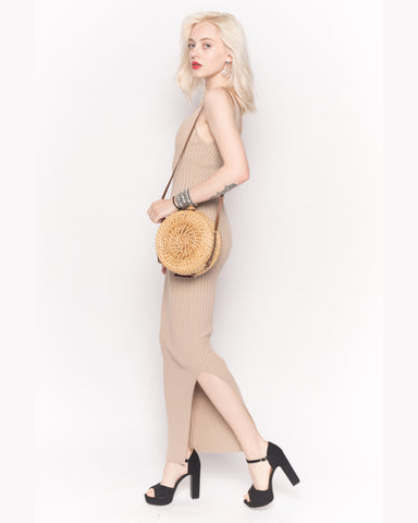 Sleeveless Ribbed Knit Bodycon Dress with Side Split in Beige