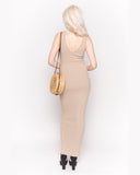 Sleeveless Ribbed Knit Bodycon Dress with Side Split in Beige