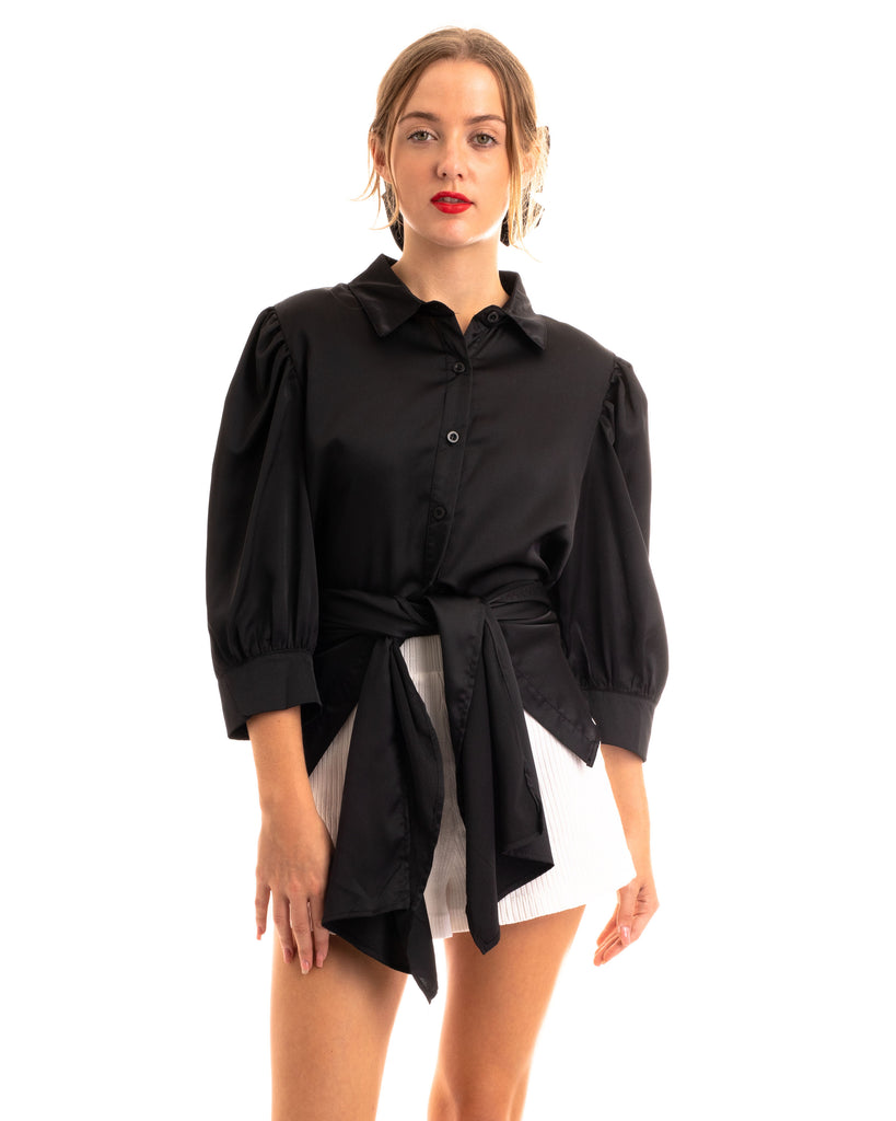 Cross Back and fron tie up crop shirt top in black